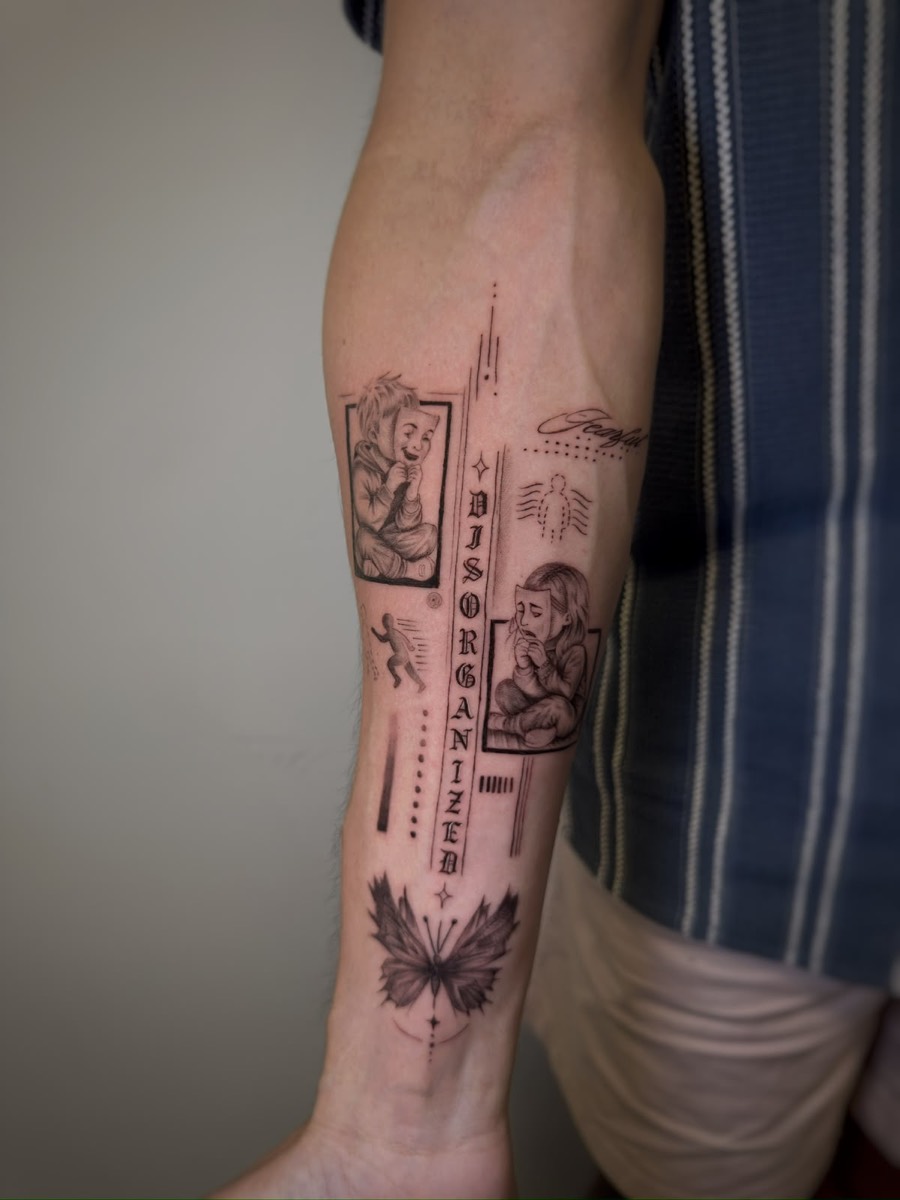 Fine-line collage with framed portraits, a butterfly and the word Disorganized, on the forearm