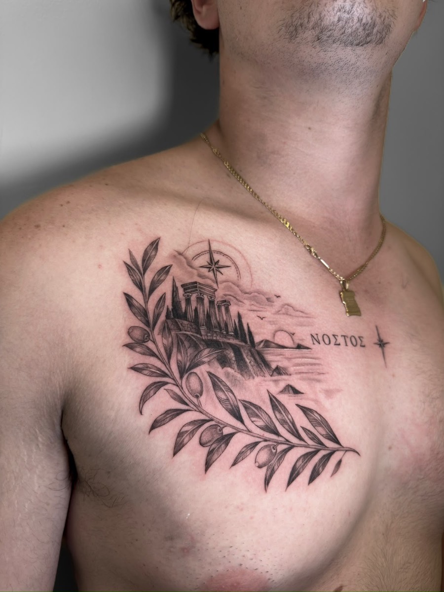 Greek temple and olive branch chest tattoo with the word Nostos